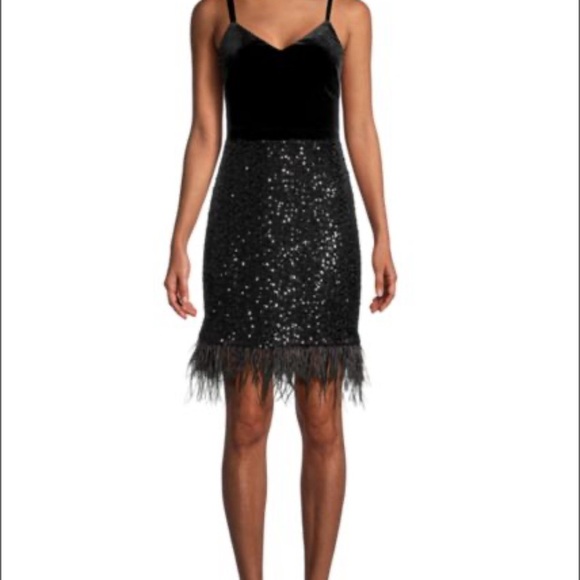 Guess Black Sequin Sheath Mini Dress Ostrich Feathers Size 4 - Picture 1 of 8